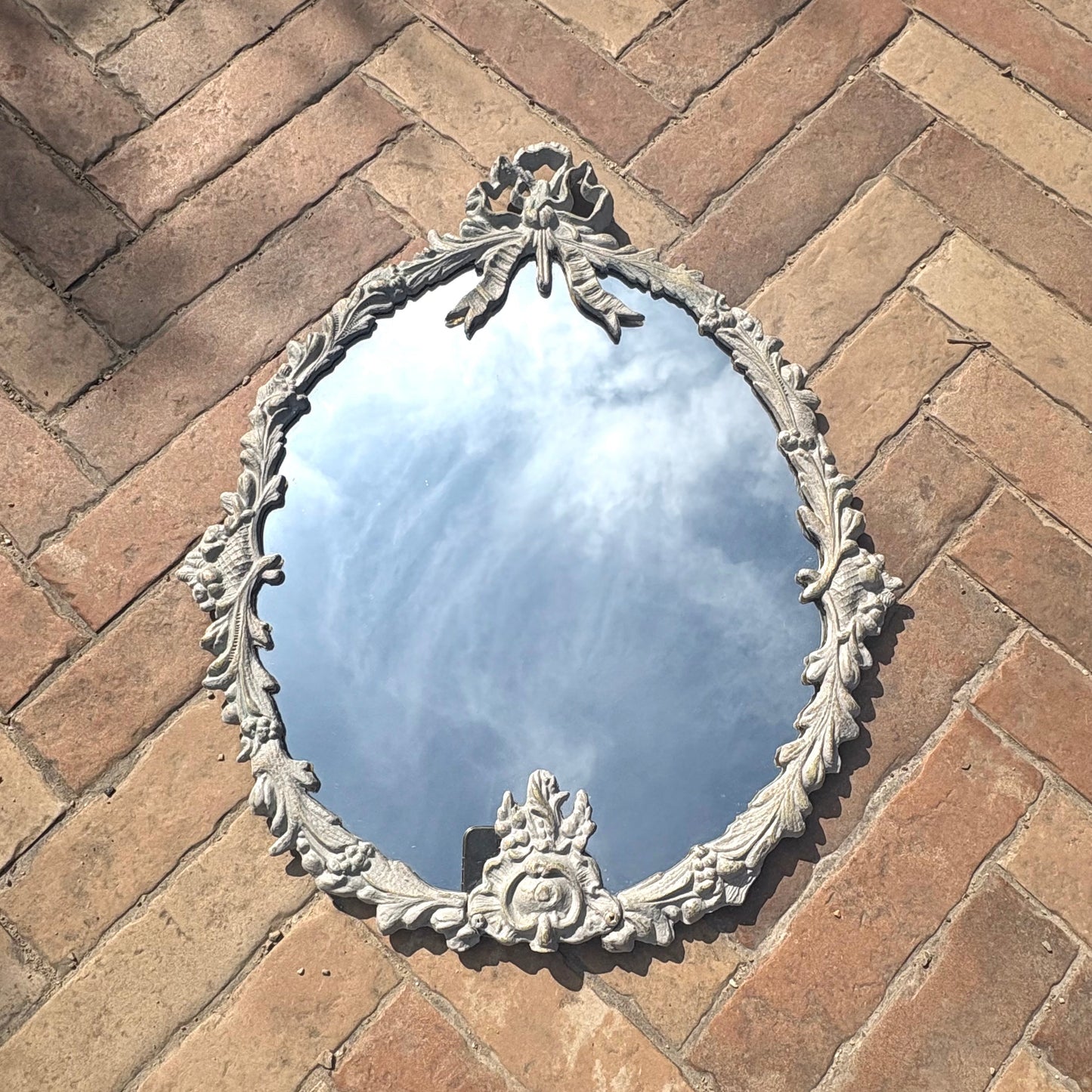 Vintage Metal Mirror with Bow Detail | Floral Frame| Hand-Painted French Grey