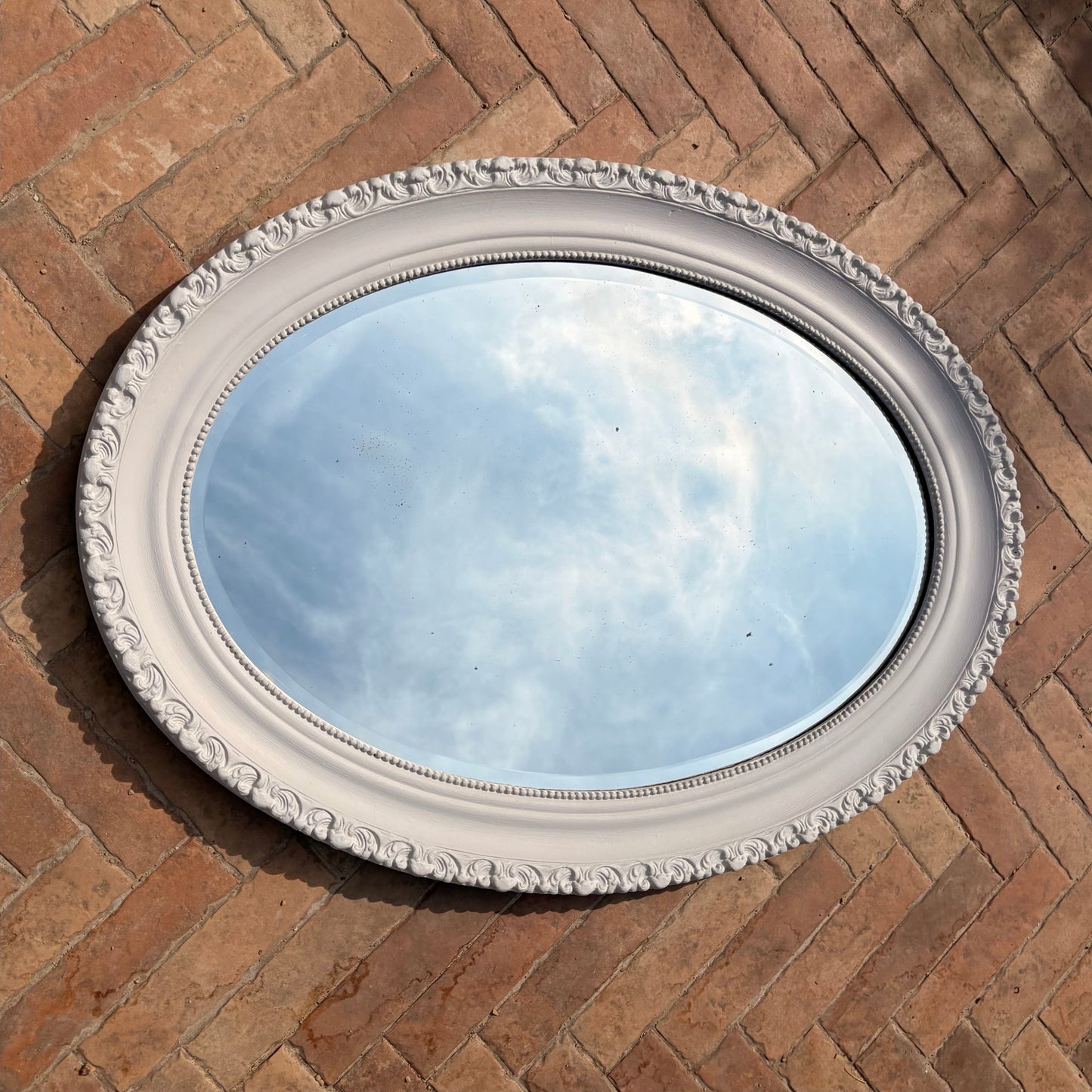 Large Vintage Oval Mirror | Carved Acanthus Frame | 50+ Years Old | Hand-Painted French Grey Pale