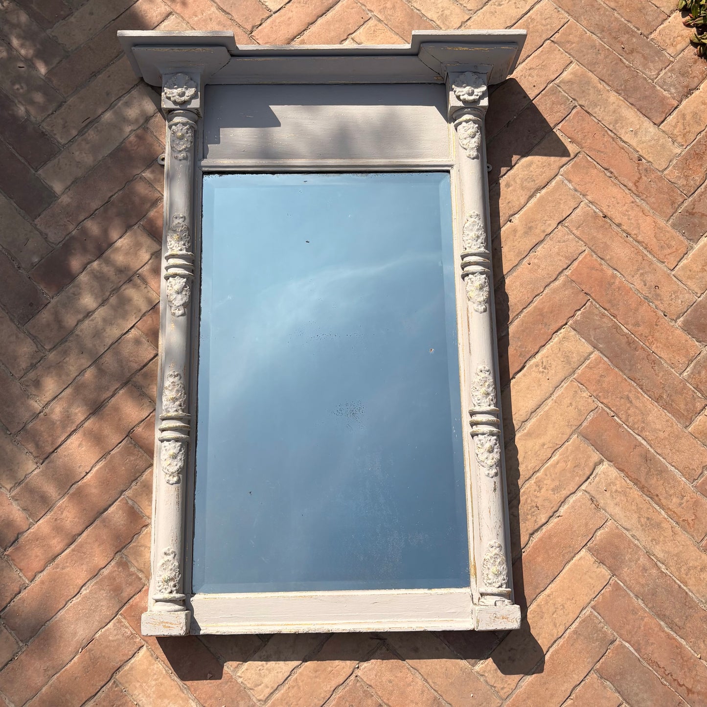 Antique Pier Mirror | Over 100 Years Old | Carved Column Detail | Hand Painted French Grey