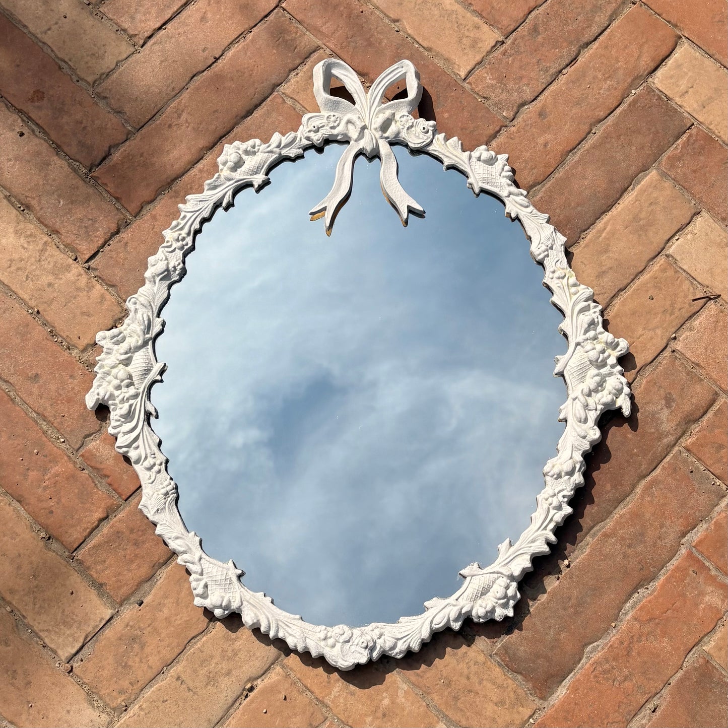Vintage Mirror with Bow | Floral Carved Frame | 40 Years Old | Hand-Painted French Grey Pale