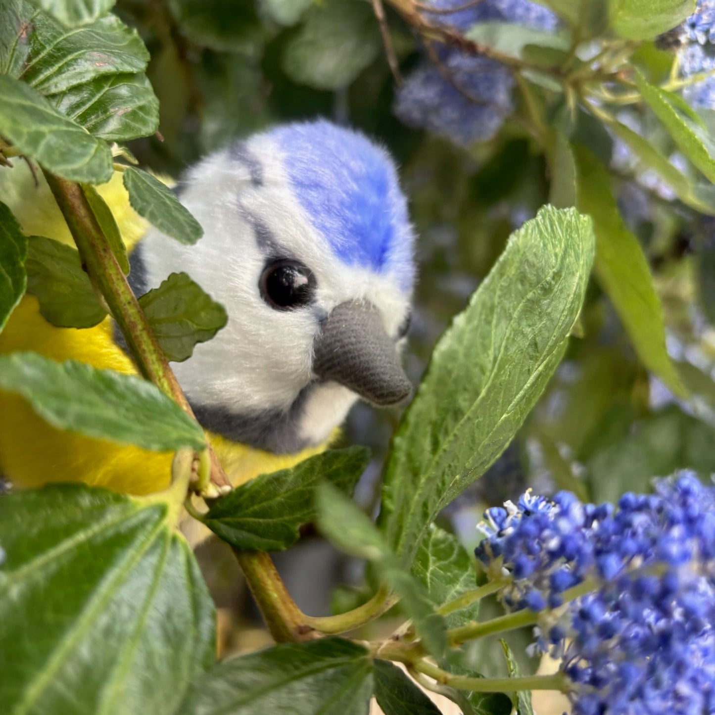 Bird perched among green leaves and blue flowers