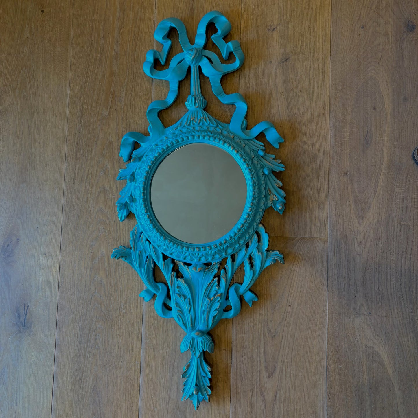 Decorative Turquoise Mirror | Ribbon & Acanthus Design | Hand-Painted, Gold Distressed Finish