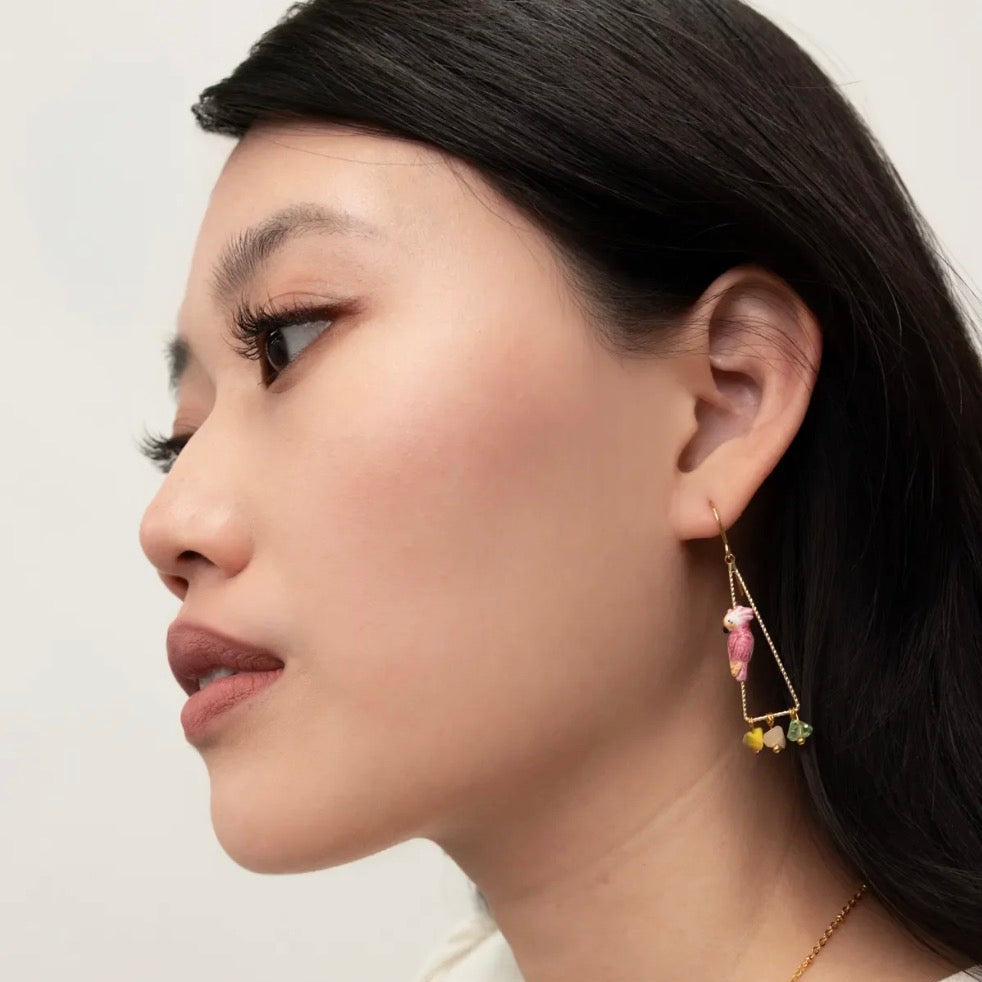 Pink Cockatoo Multi Beads Triangle Earrings