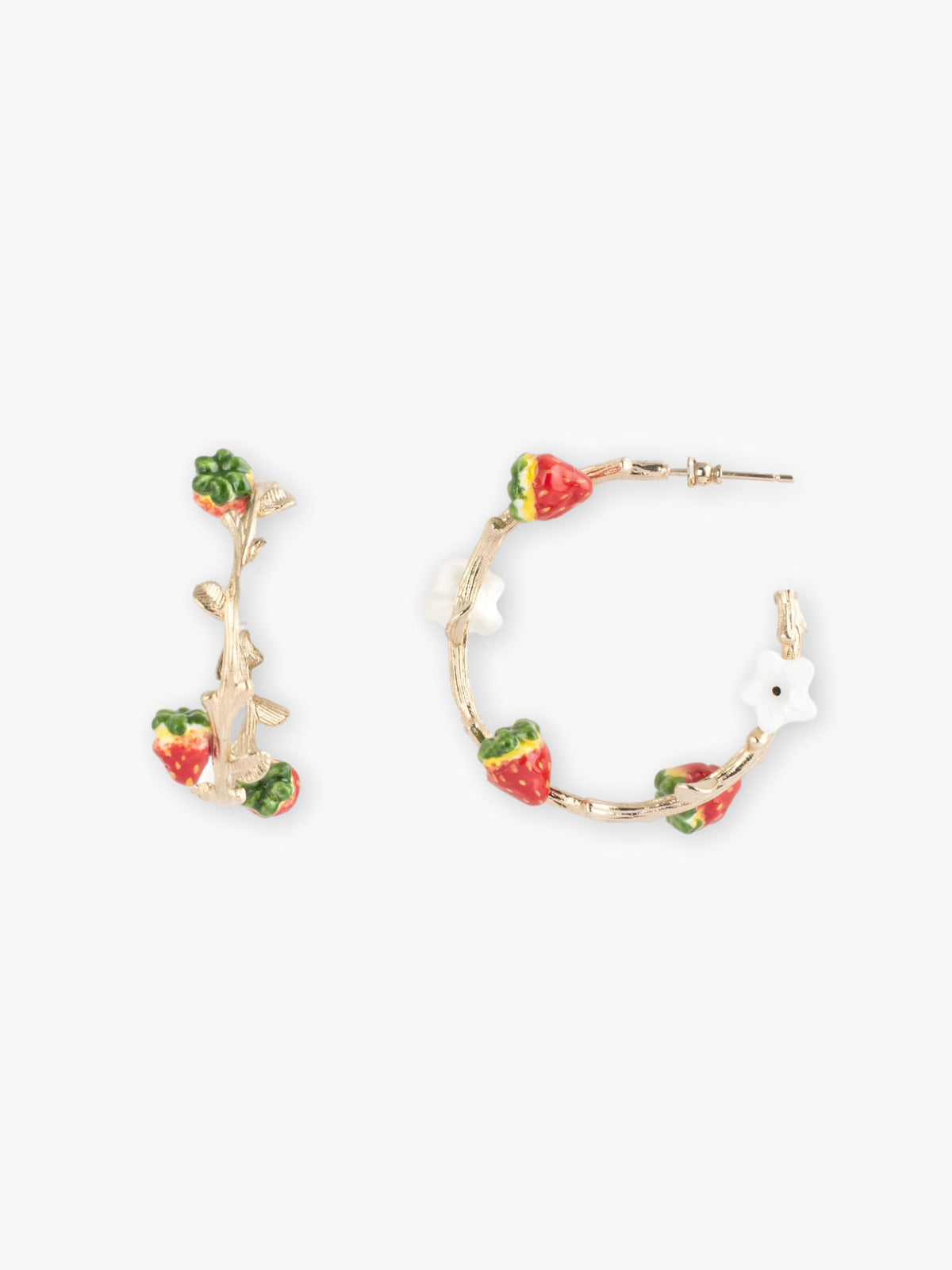 Strawberry and flower branch hoop earrings