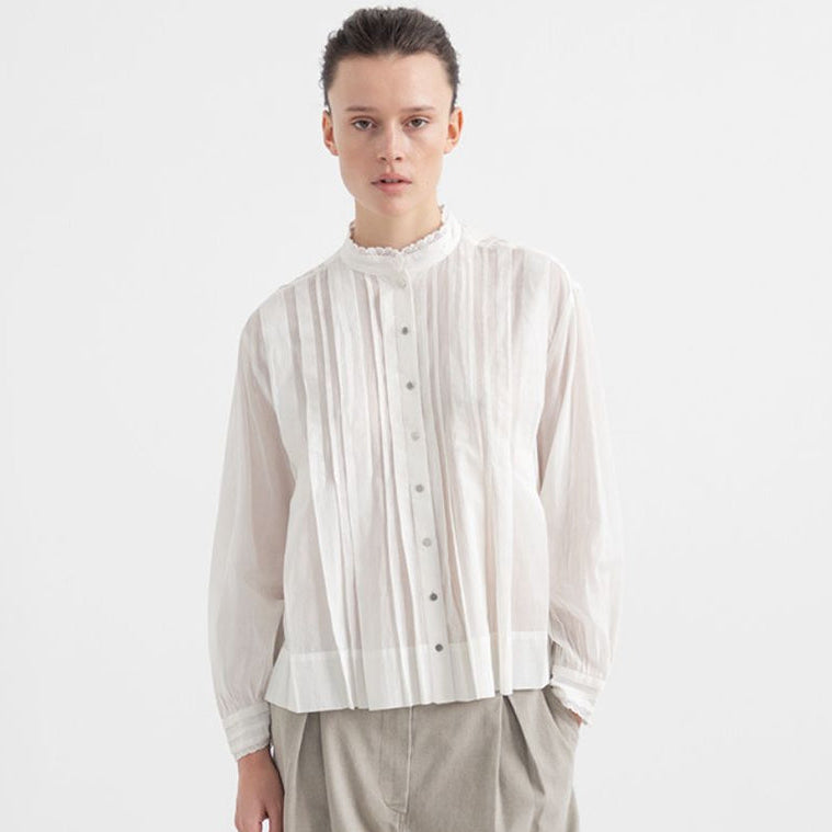 Pleated Cotton Voile Shirt, White
