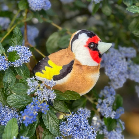 Plush toy bird among blue flowers and green leaves