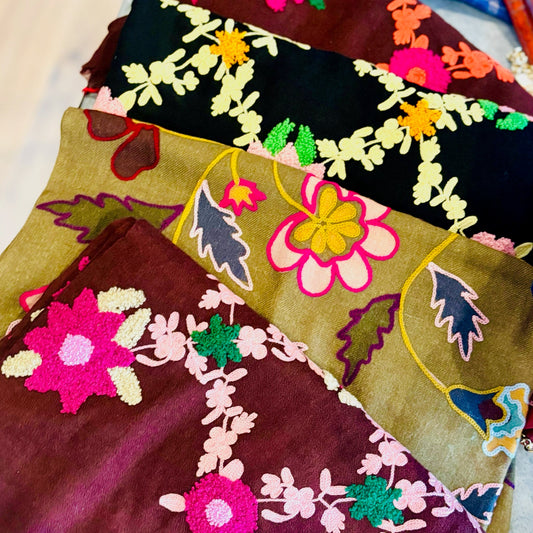 Colorful embroidered fabric pieces on a white background