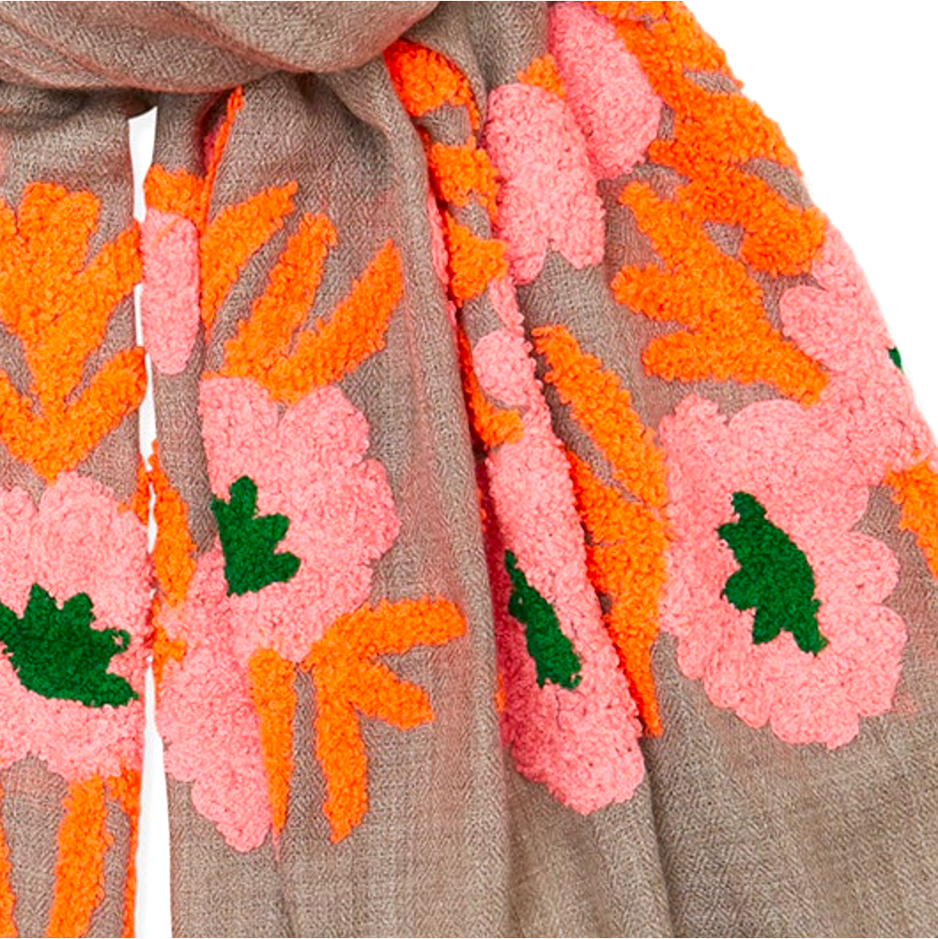 Poppy Embroidered Pashmina - Orange/Pink