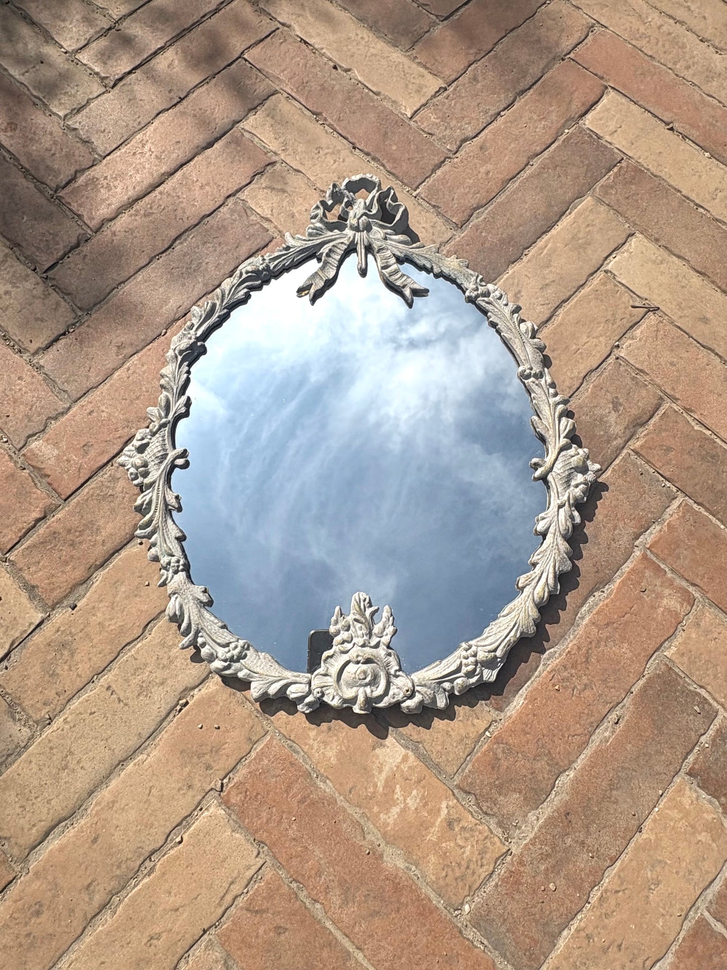 Vintage Metal Mirror with Bow Detail | Floral Frame| Hand-Painted French Grey