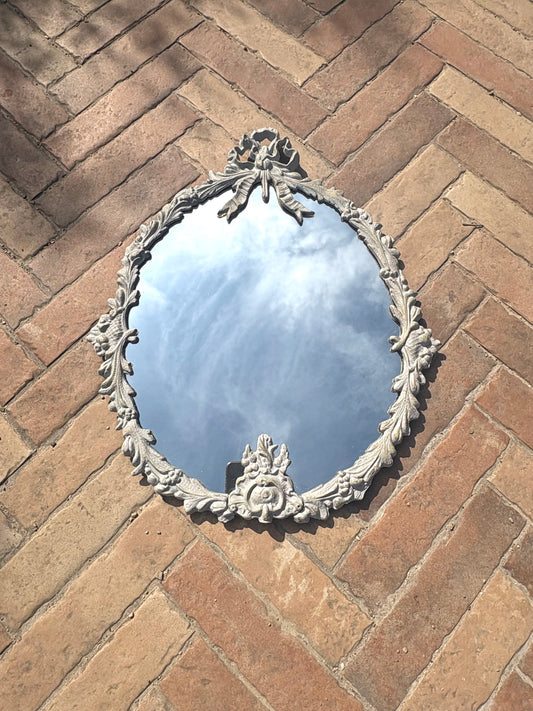 Vintage Metal Mirror with Bow Detail | Floral Frame| Hand-Painted French Grey