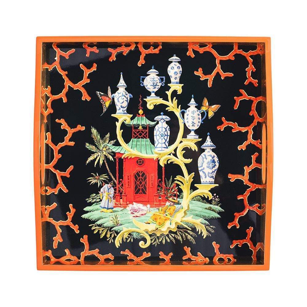 Rococo Fantasy Black Lacquer Square Tray 14" X 14"