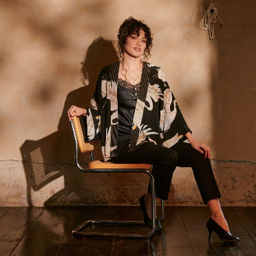 Stork Black Crepe Kimono