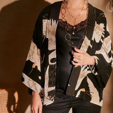 Stork Black Crepe Kimono