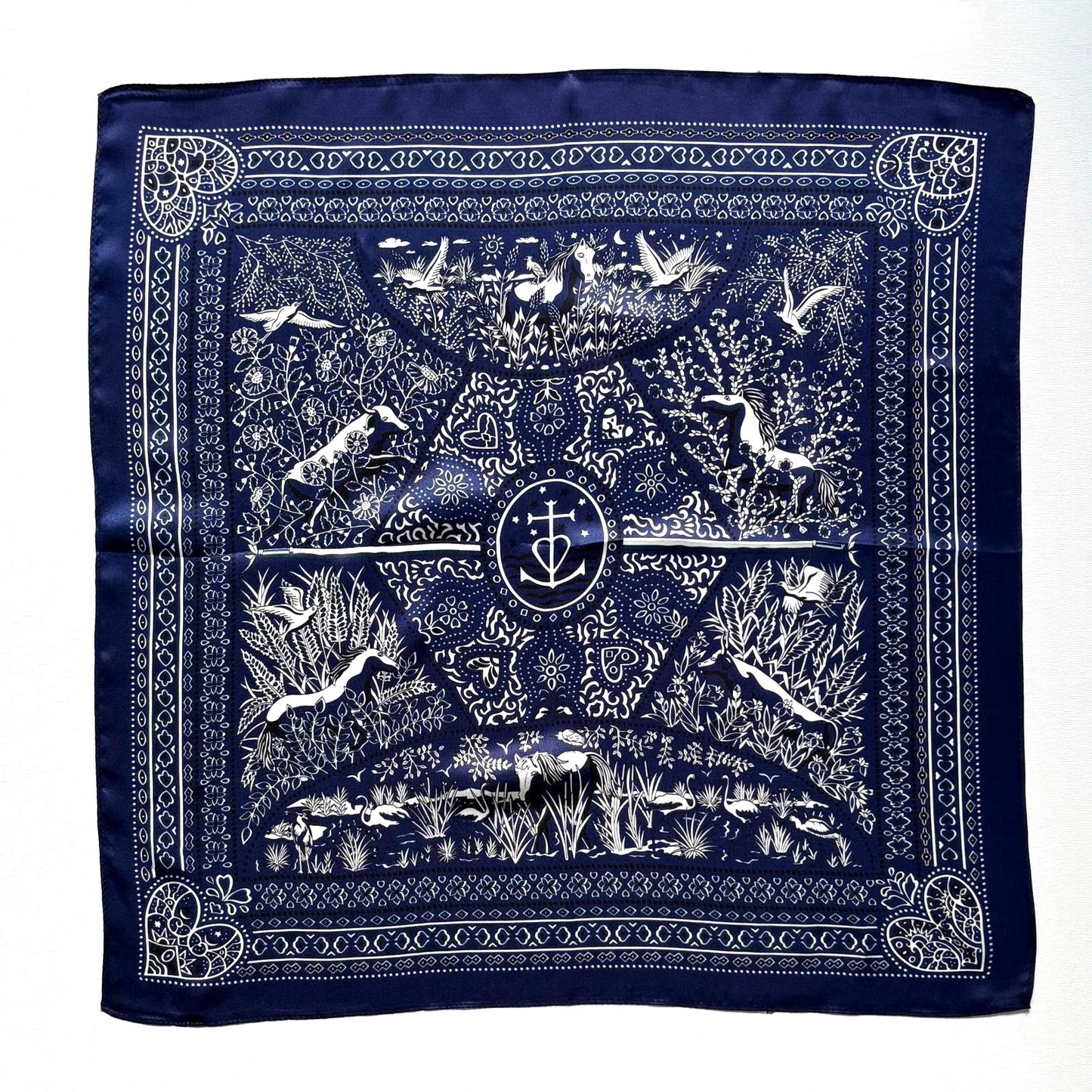 100% Silk Wild Horse & Camargue Scarf (Navy)