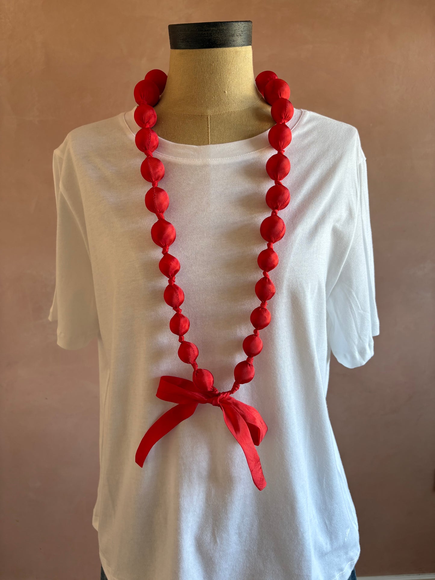 Long Silk Bow Necklace Red