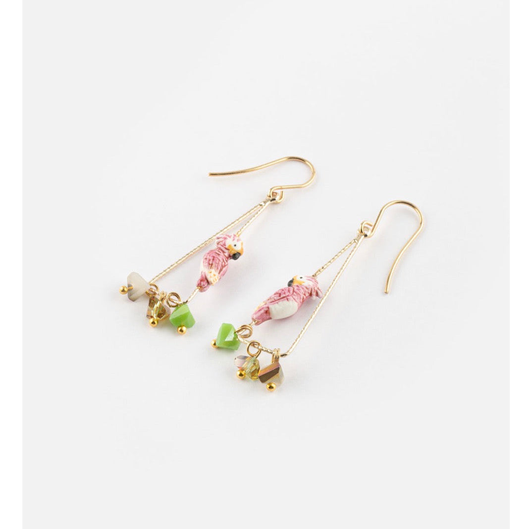 Pink Cockatoo Multi Beads Triangle Earrings