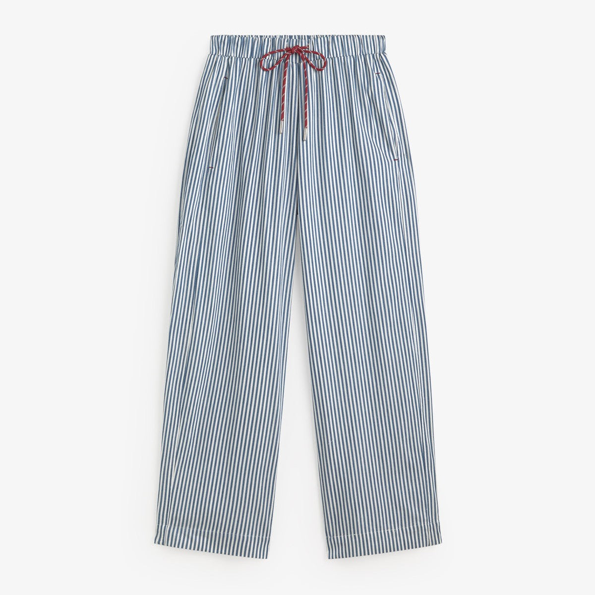 Striped pajama pants with a drawstring on a white background