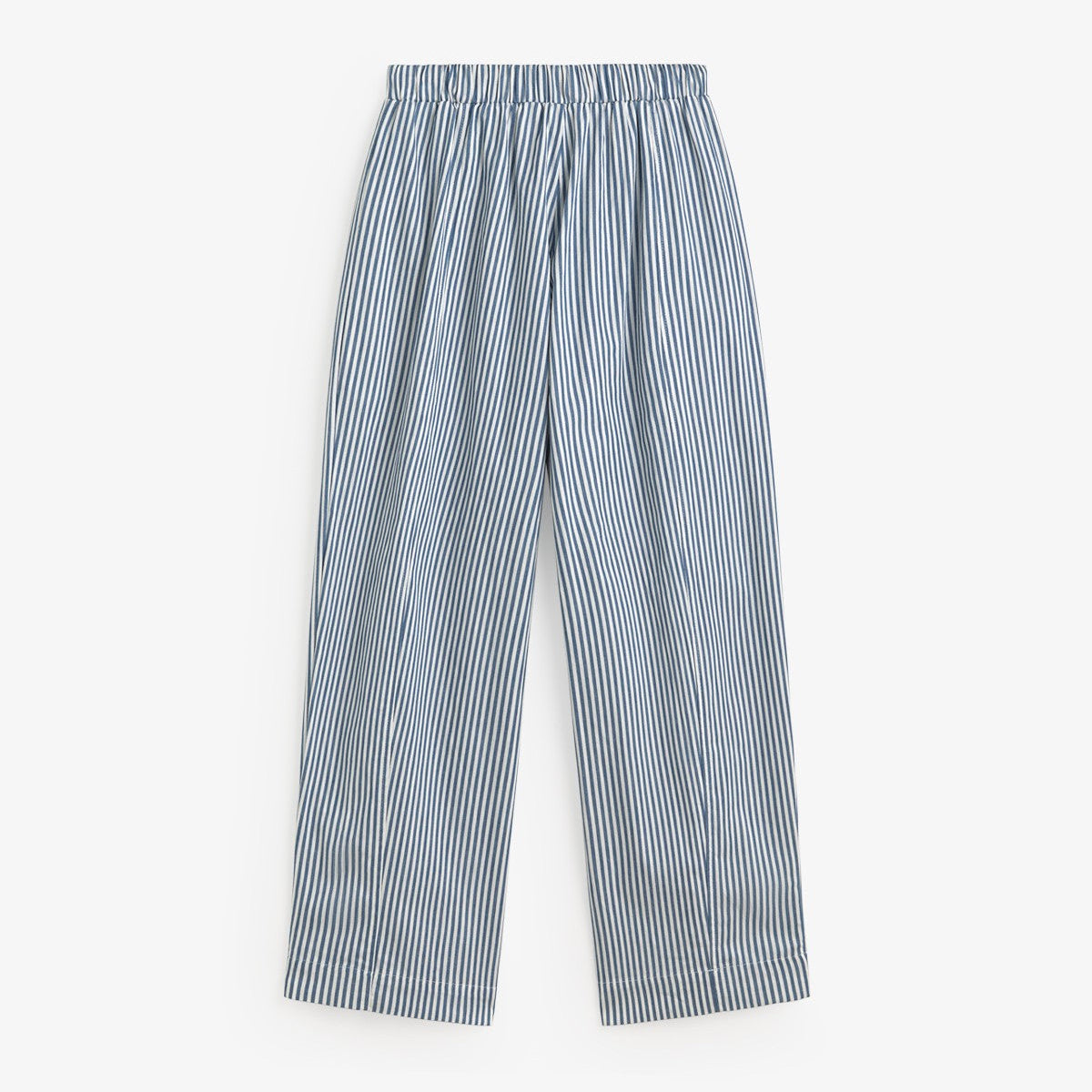 Blue and white striped pants on a light gray background