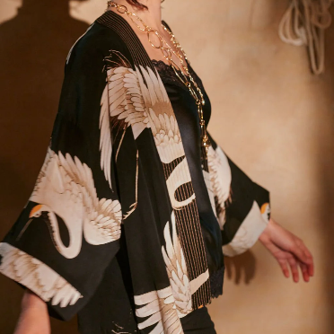 Stork Black Crepe Kimono