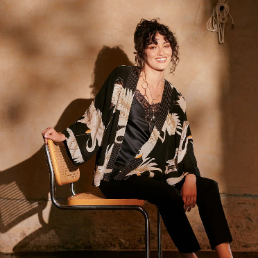 Stork Black Crepe Kimono