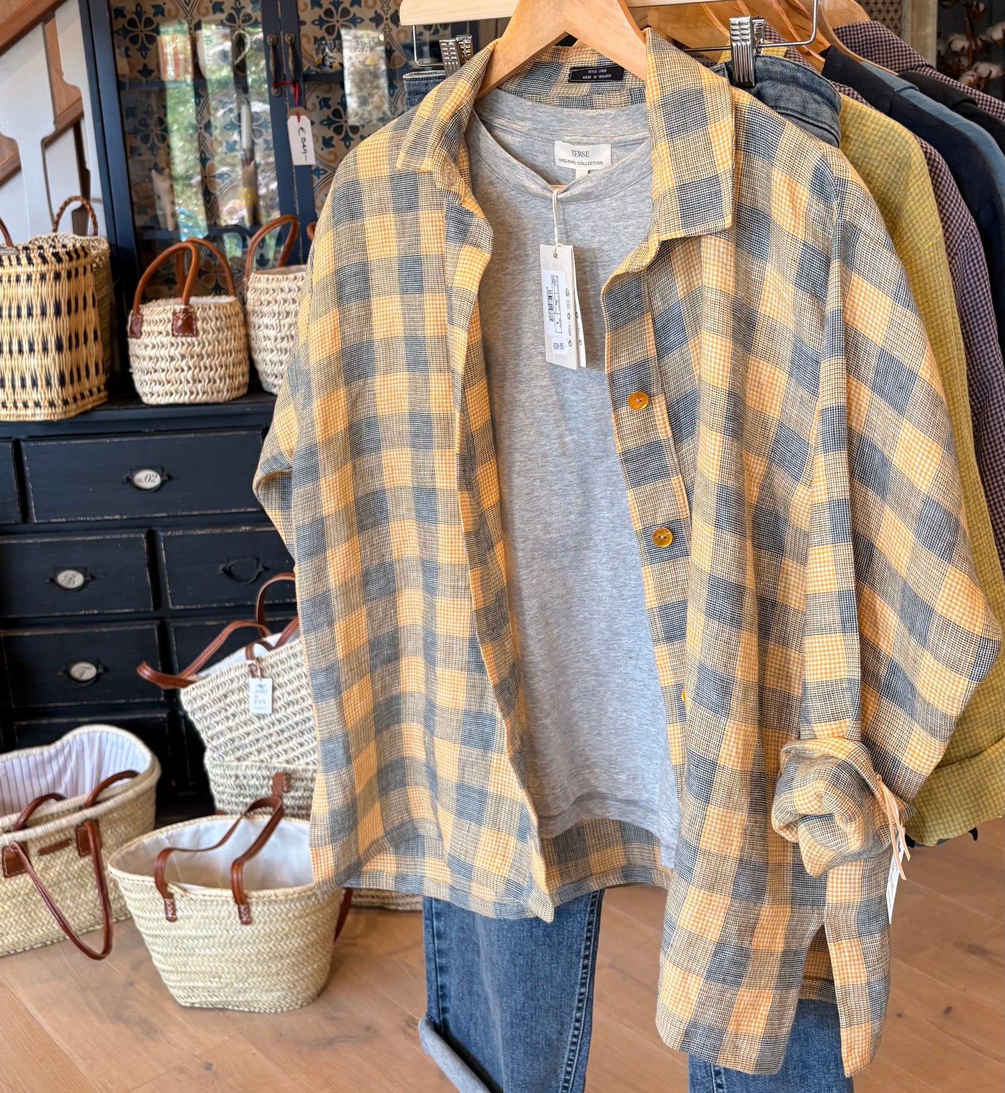 Yellow Grey Check Linen Shirt