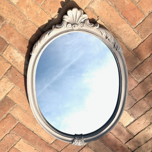 Vintage Oval Mirror with Decorative Shell Motif | French Grey Hand-Painted | 40 Years Old