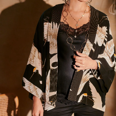 Stork Black Crepe Kimono