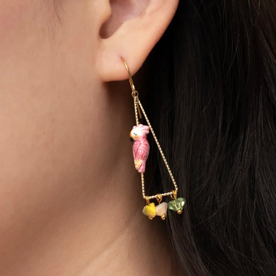 Pink Cockatoo Multi Beads Triangle Earrings
