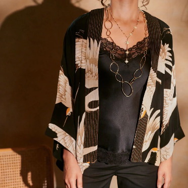 Stork Black Crepe Kimono