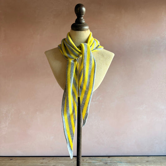 100% Cashmere Triangle Scarf - Grey Yellow Stripe