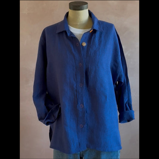 Irish Linen Shirt with Snaps, Royal Blue