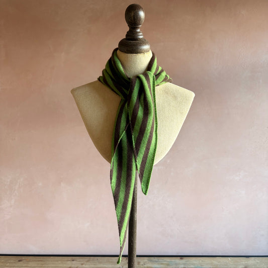 100% Cashmere Triangle Scarf - Green/Brown Stripe