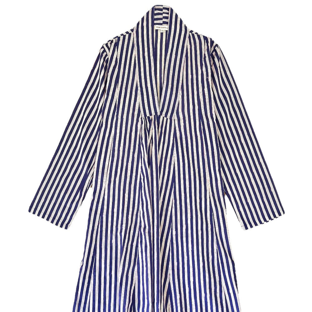 V Neck Cotton Dress - Blue