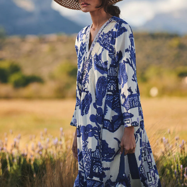 Blue Willow Pinch Pleat Dress