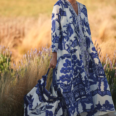 Blue Willow Pinch Pleat Dress