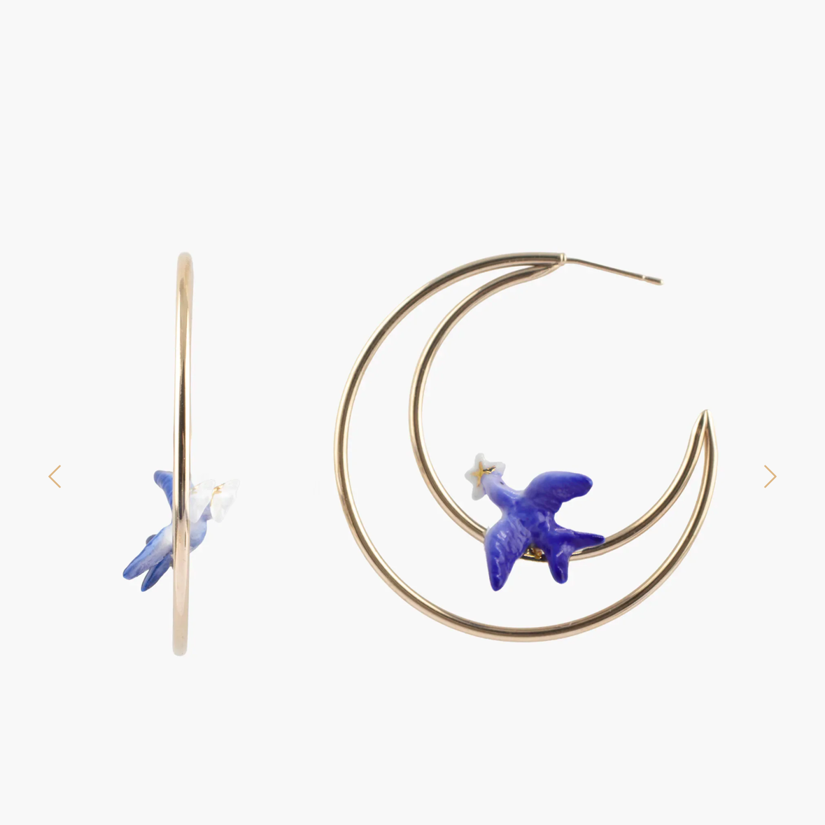 Blue Swallow Moon Earrings - Porcelain, Handcrafted