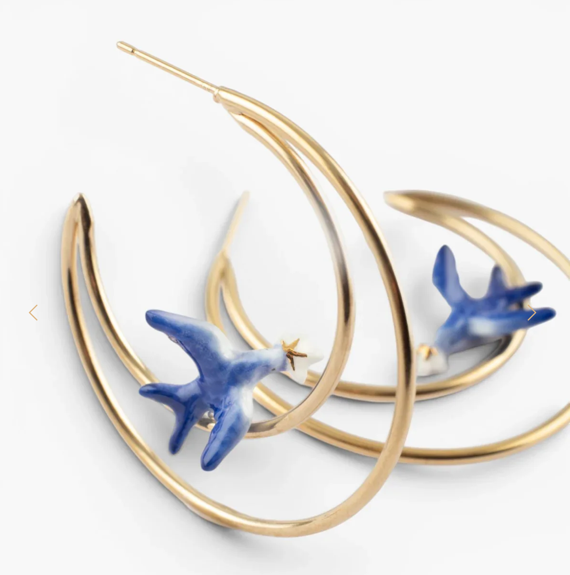 Blue Swallow Moon Earrings - Porcelain, Handcrafted