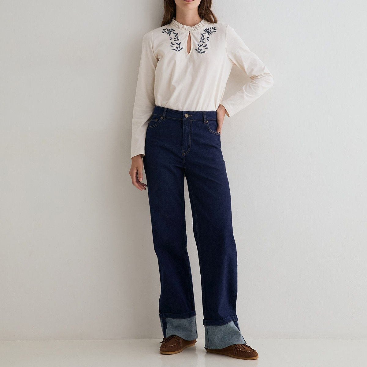 Women’s Wide Leg Jeans with Turned Up Cuffs, Organic Cotton