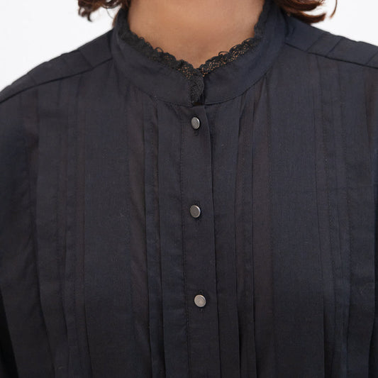 Pleated Cotton Voile Shirt, Black