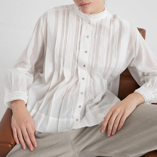 Pleated Cotton Voile Shirt, White