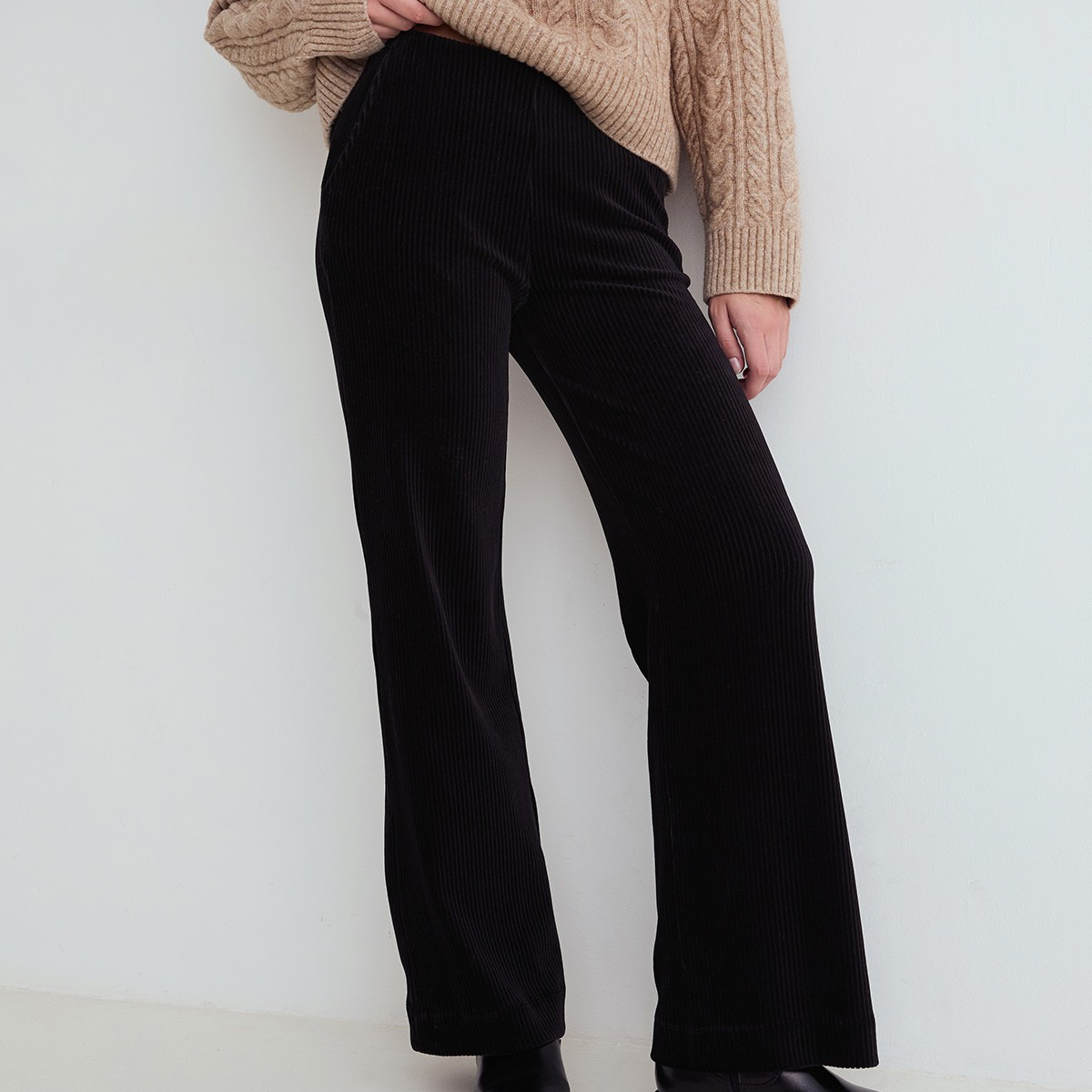 Wide-Leg Corduroy Trousers, Black