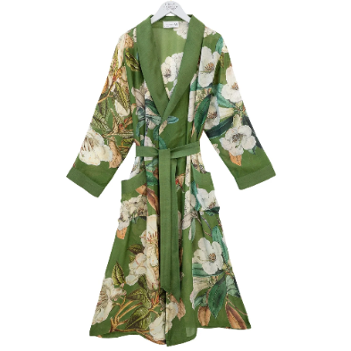 Floral patterned robe with green accents on a white background