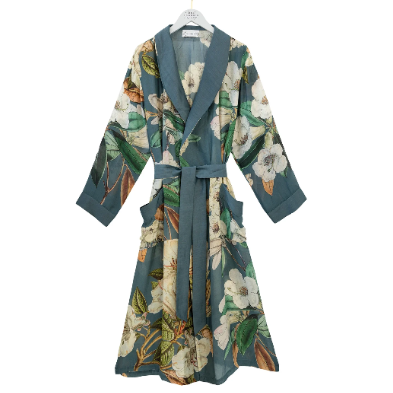 Floral patterned robe with a belt on a white background