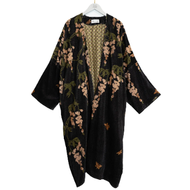 Black kimono with floral patterns on a white background