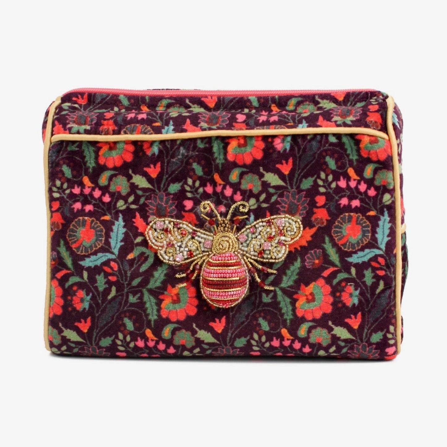 Floral patterned pouch with a bee design on a white background