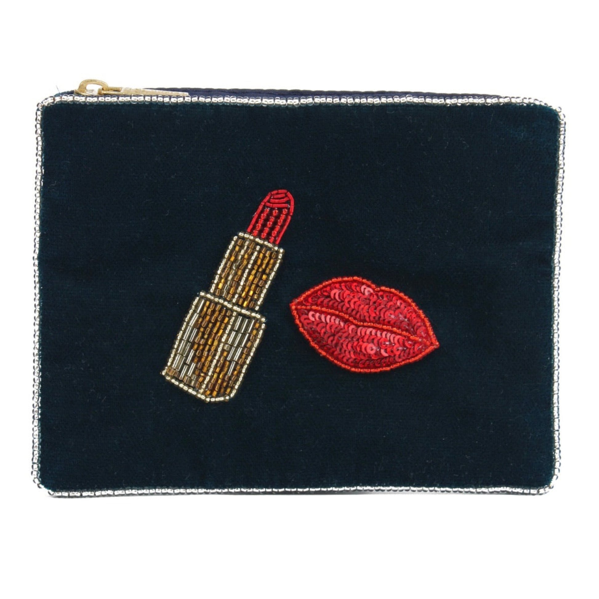 Black pouch with embroidered lipstick and lips design on a white background