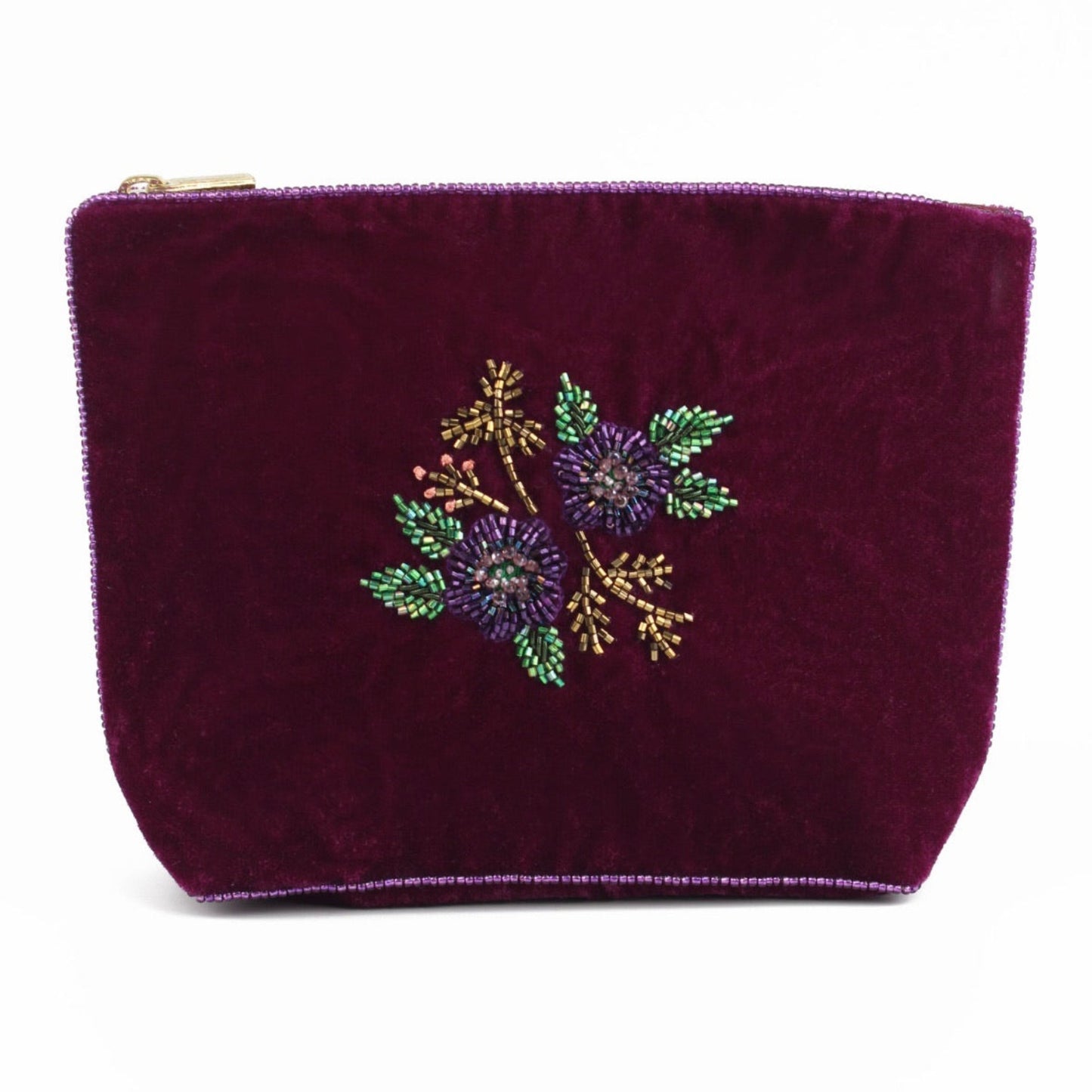 Purple pouch with floral embroidery on a white background