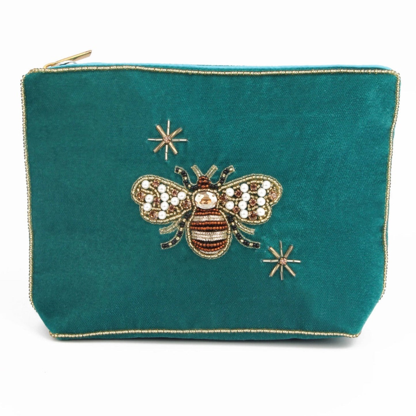 Teal pouch with an embroidered bee design on a white background