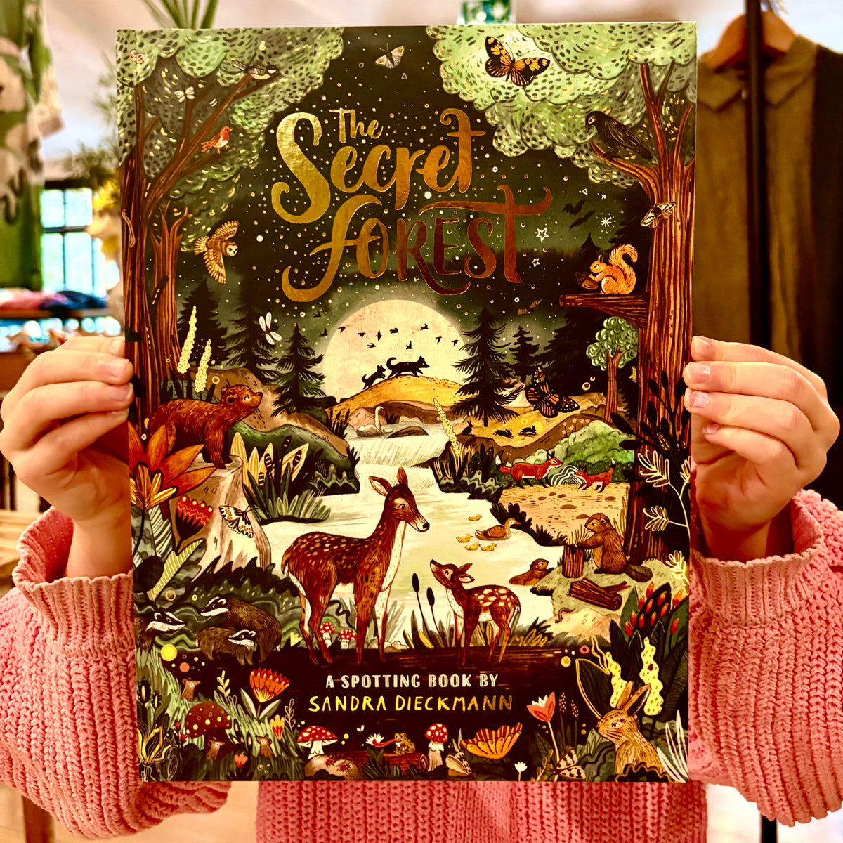 Person holding a book titled 'The Secret Forest' by Sandra Dieckmann with a forest-themed cover.