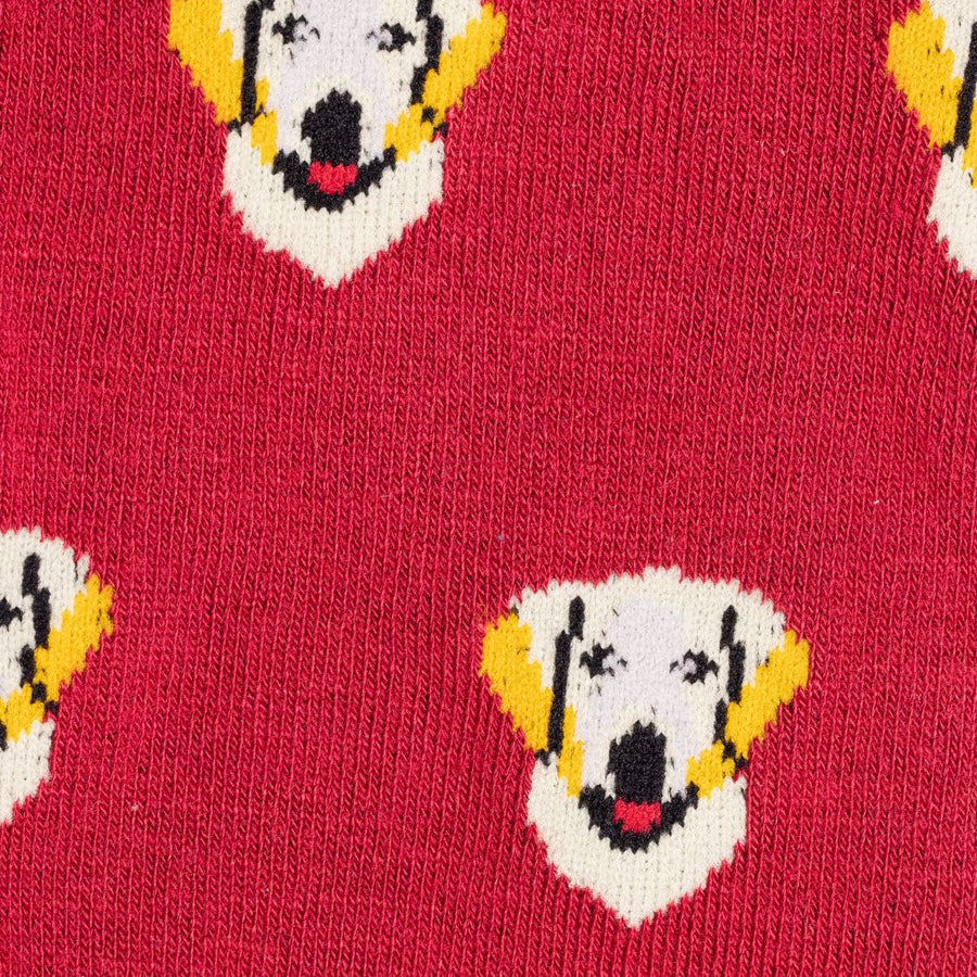 Red socks with white dog faces pattern